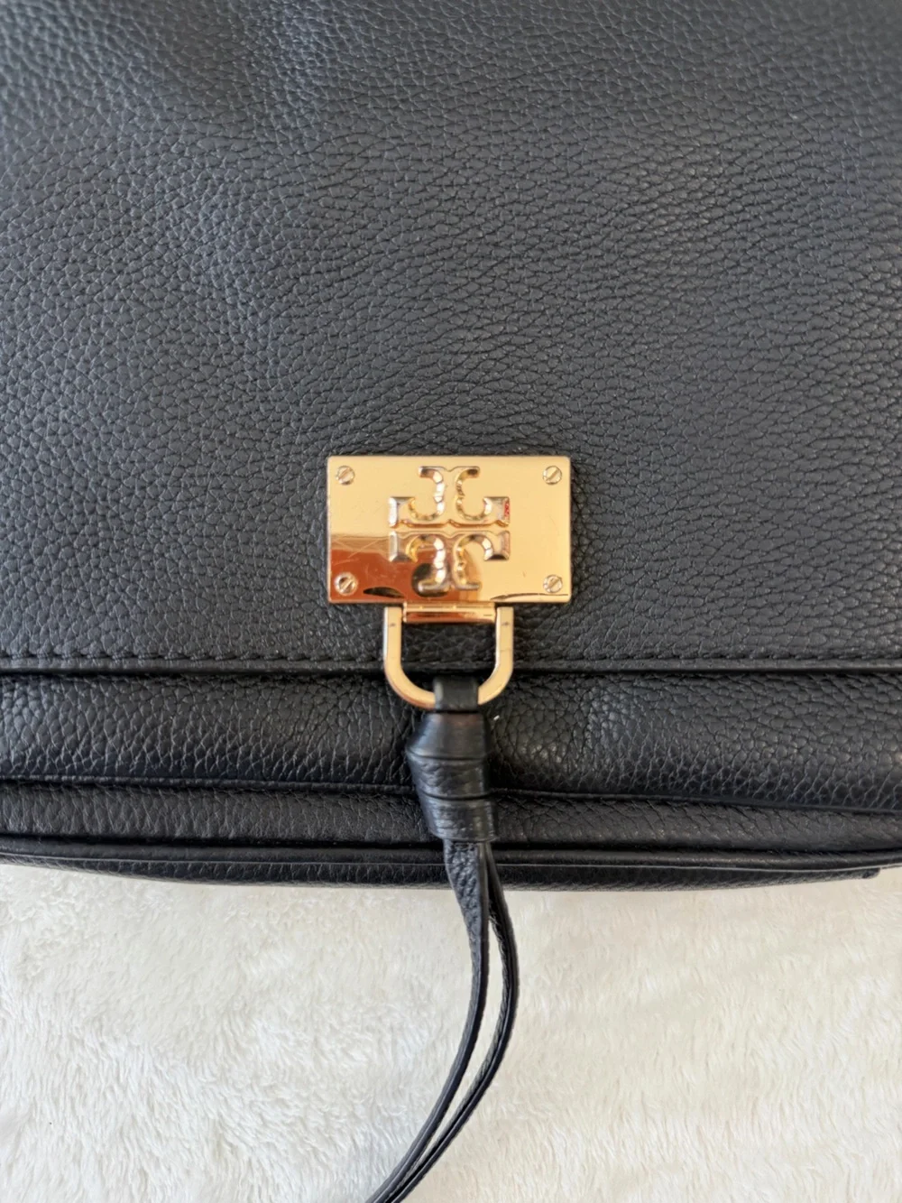 Tory Burch Black Pebbled Leather Shoulder Bag with Gold Chain Accent